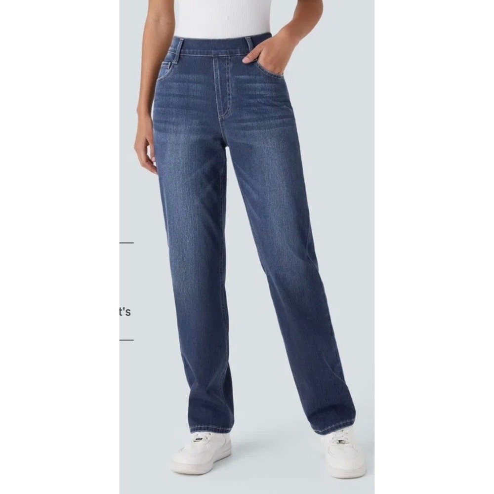 Halara Flex High Waisted Straight Leg Jeans Paint Blue Denim Large Petite